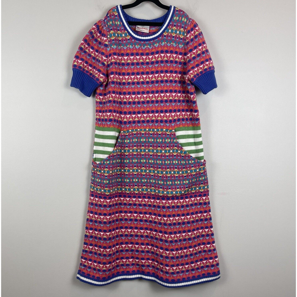 Hanna Andersson Sweater Dress Size 140 US 10 Cotton Knit Pink Blue Green Stripes